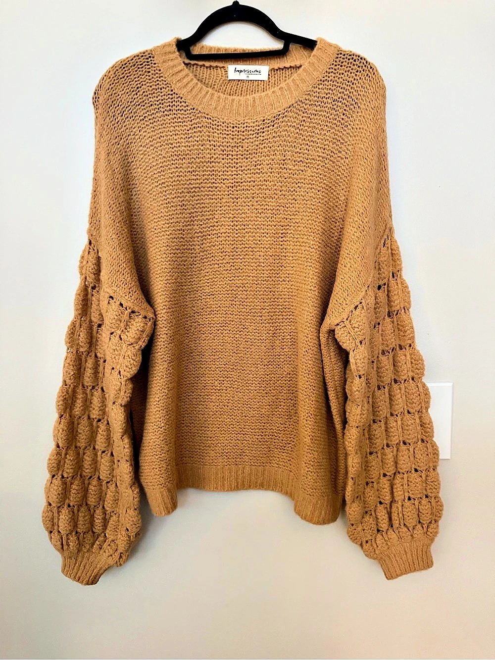 Impressions Textured Balloon Sleeve Sweater in Light Brown